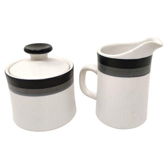 Arrow Stone Black Foot Sugar Bowl and Creamer MCM Stoneware Kasuga Japan 693 - Picture 1 of 16